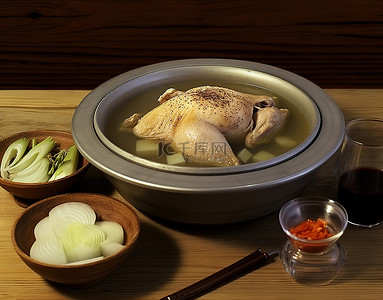 食物汤背景图片_木桌上有汤的鸡