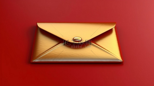 信封图标 3D 渲染风格的红金色底座上闪亮的金色信封标志