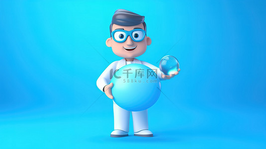 男医生拿着大蓝色药丸的 3D 卡通插图