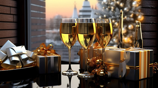 3D 渲染节日香槟杯和等待新年的礼物
