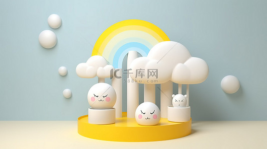 迷人的阳光和蓬松的白云在 3D 渲染与精美的产品展示台