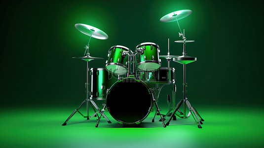 适合专业人士的时尚黑色鼓套件，以 3D 渲染的郁郁葱葱的绿色背景为背景