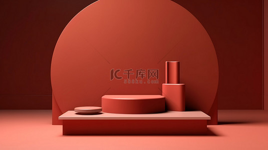 红色方形背景图片_最小的 3D 展示架，带有浅红色色调豪华金色拱门和拱门背景上的抽象构图
