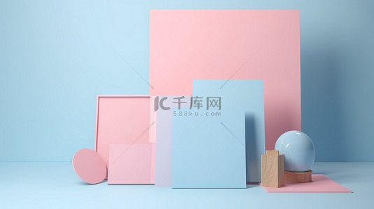 产品展示或留言板以 3D 渲染工作室捕获的淡蓝色和粉红色背景展示