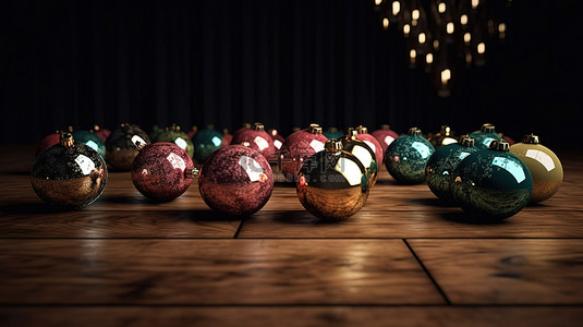 木桌装饰着 3D 渲染的节日圣诞装饰球