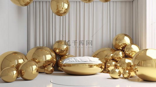金色球体增强了 3D 渲染房间的现代简约美感