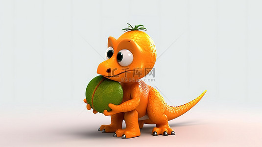 可爱橙子背景图片_搞笑的 3D 恐龙人物抓着一个大橙子