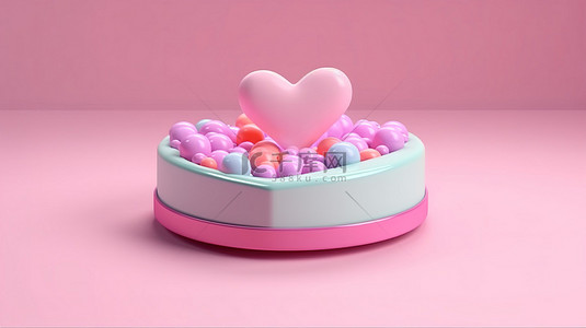 假日特卖背景图片_粉红色讲台的 3D 渲染，带有甜美颜色的心形糖果