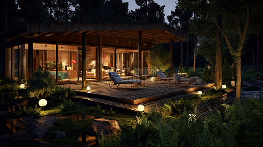 小夜空背景图片_迷人的森林静修 3D 插图的木屋露台设计在星空夜空下