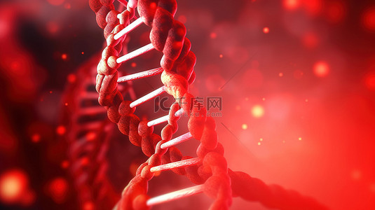 红色抽象背景下 dna 结构的 3d 插图