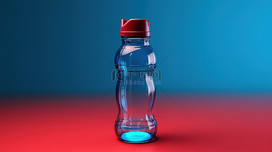 蓝色背景下红色运动塑料水瓶的 3D 渲染
