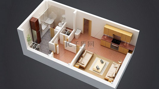 紧凑型一室公寓的 3d 渲染
