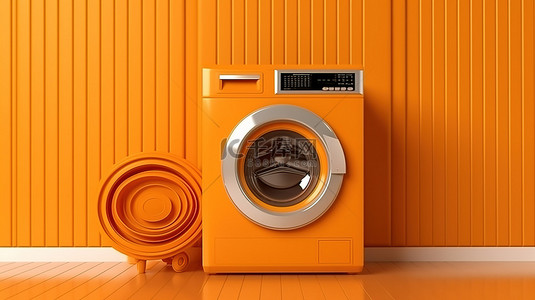 洗衣洗衣背景图片_橙色室内房间，配有单色金色洗衣机 3d 家用电器图标