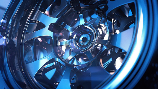 闪闪发光的 3D 渲染车轮的特写视图