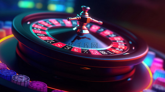 黑色轮盘赌轮的 3D 渲染，具有逼真的功能和霓虹灯背景上的免费旋转优惠券