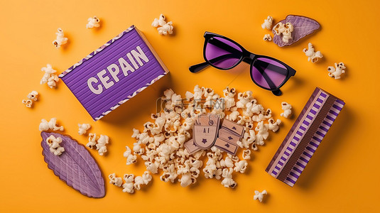 平躺在紫色电影院必需品门票爆米花场记板 3d 眼镜