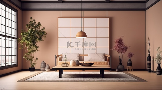 现代客厅设计采用日式榻榻米地板和桌子 3D 渲染