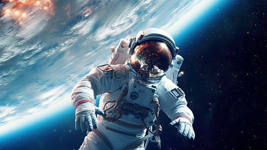 宇航员在广阔的外太空的 3D 渲染