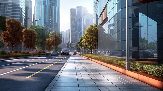 办公楼的 3D 渲染作为路边街景的背景