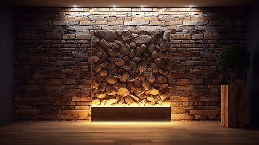 3d 渲染的砂岩墙上装饰灯照亮的木板
