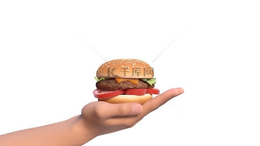 快餐菜单背景图片_卡通风格的手拿着白色背景上的汉堡的 3d 插图