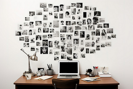 照片背景图片_家庭办公室办公桌上的照片墙装饰