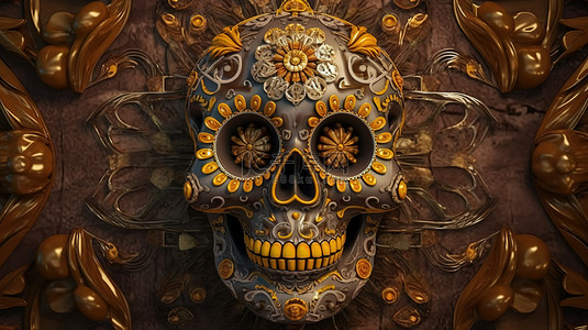 模型上棕色和黄色墨西哥头骨绘画的迷人 3D 插图
