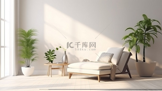 亚背景图片_斯堪的纳维亚风格的客厅配有现代家具和明亮的白色墙壁，用于 3D 渲染模型