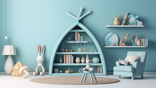 儿童房蓝色墙壁模型的 3D 渲染
