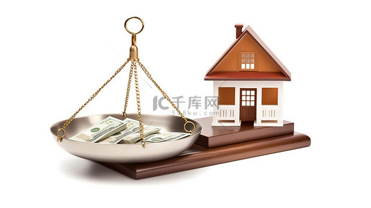 贷款背景图片_在白色背景上隔离的房屋和金钱的 3D 插图