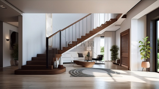 时尚的 3D 渲染当代家庭入口，配有前门优雅的餐具柜和引人注目的楼梯