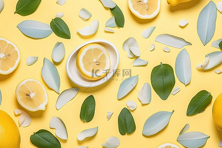 柠檬黄色背景背景图片_黄色背景中的白盘柠檬皮