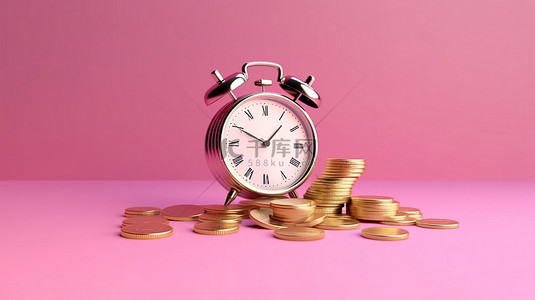 有利可图的发薪日概念 3D 渲染粉红色背景，带有不断增长的箭头钱币和时钟