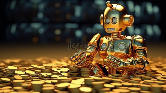 3d 机器人说明金融技术积累一堆金币的概念