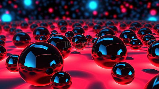 红色领域背景图片_抽象霓虹灯背景上带有随机霓虹灯红色和蓝色灯的旋转黑球的 3D 渲染