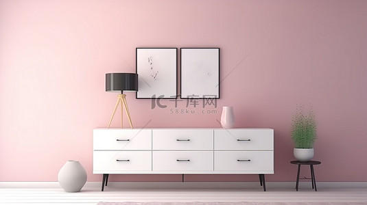 现代走廊装饰着白色梳妆台和粉红色墙壁背景，配有 3D 框架模型
