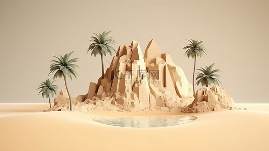 荒凉海滩上一棵孤立的棕榈树的令人惊叹的 3D 插图