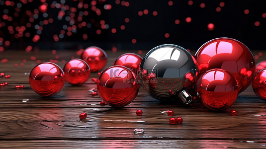 圣诞快乐背景图片_动态3D插画奢华优雅的新年问候，木质背景上有红球和冰柱