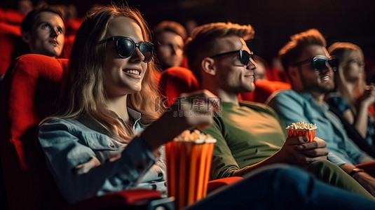 朋友们在电影院欣赏一场搞笑的3D电影