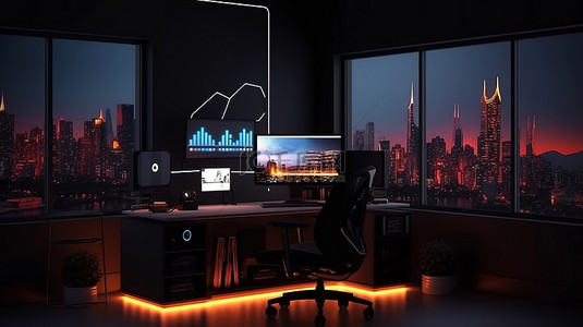 电控车间背景图片_当代办公工作室的夜间 3D 渲染，办公桌上配有台式电脑模型