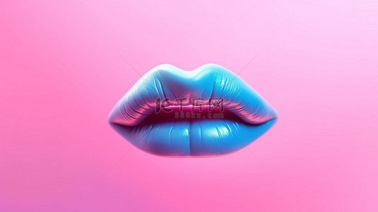 彩女性背景图片_双色调风格 3D 渲染蓝唇女性嘴唇在粉红色背景下的亲吻手势