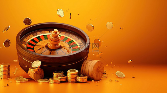 在线赌场中的 3D 逼真轮盘赌轮，橙色背景上有飞行硬币和木桶