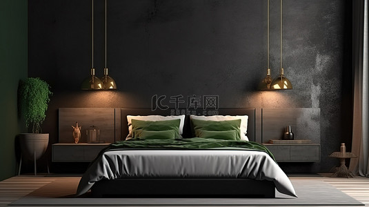 精致的卧室配有时尚的黑墙壁灯仙人掌和 3D 渲染