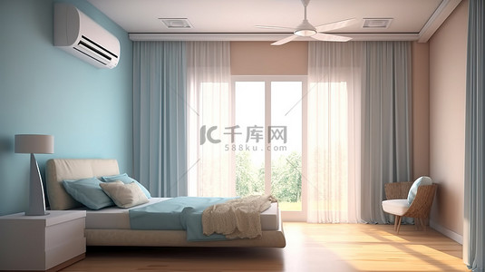 带床的卧室空调机组的 3D 渲染