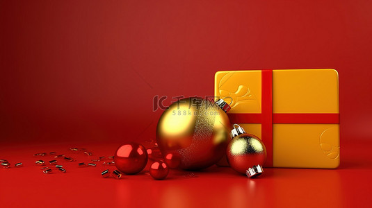 3d 呈现黄色和红色节日背景的新年快乐礼品卡