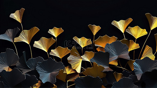 叶子和花背景背景图片_优雅的帆布艺术黑色背景，充满活力的银杏叶金鹿和波浪线