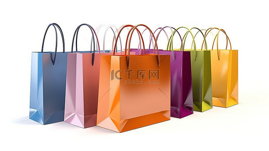 购物袋袋背景图片_白色背景上孤立彩色纸购物袋的 3d 渲染