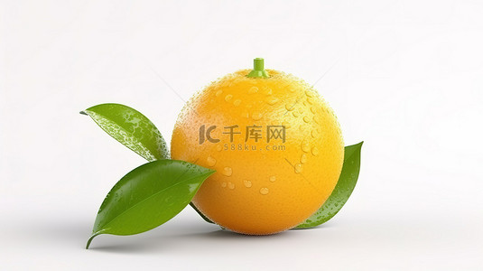 3d 渲染一个孤立的新鲜橙子的光栅图，白色背景上有叶子