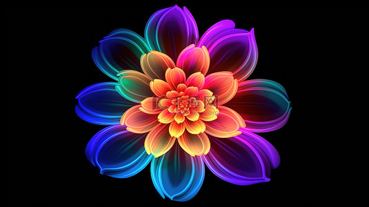 美容创意背景图片_充满活力的霓虹灯绽放令人惊叹的抽象花，黑色背景上有发光的花瓣3D 渲染