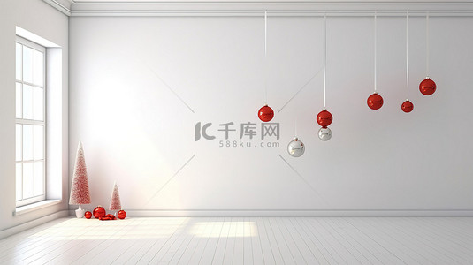 创意圣诞装饰背景图片_空白画布上的节日欢呼 空墙上圣诞装饰的 3D 渲染